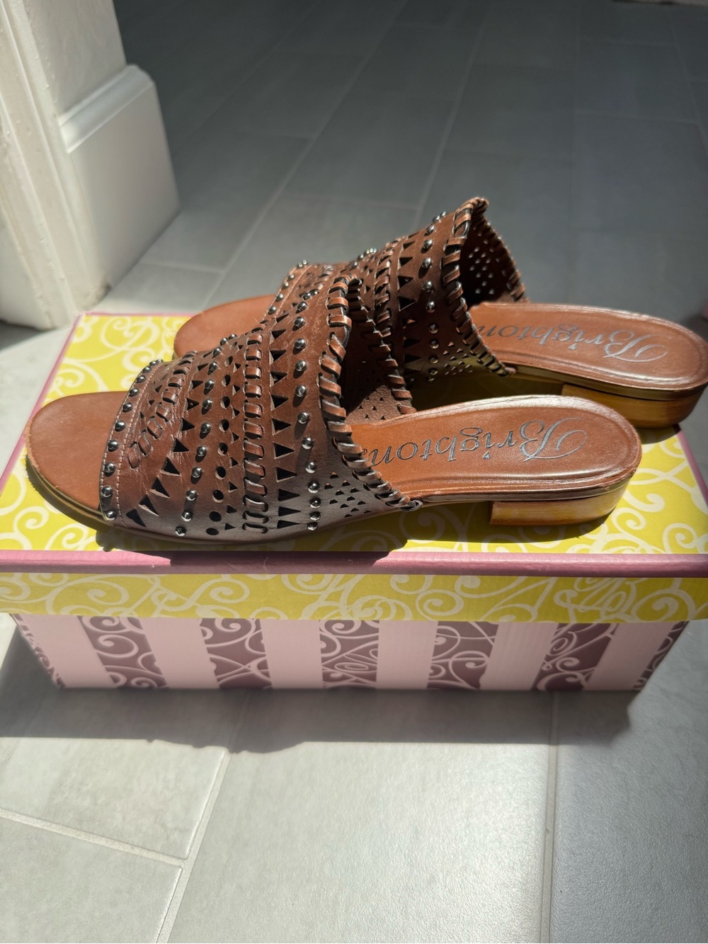 Brighton Brown Studded Leather Slide Sandals - Women's